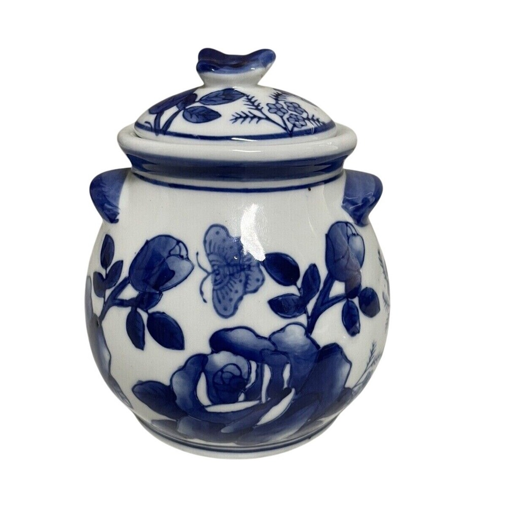 Blue & White Chinese Lidded Jar w Handles Roses‎ Butterflies